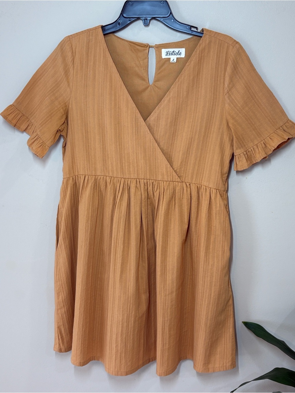 Listicle V-Neck Babydoll Dress in Mustard/Gold
